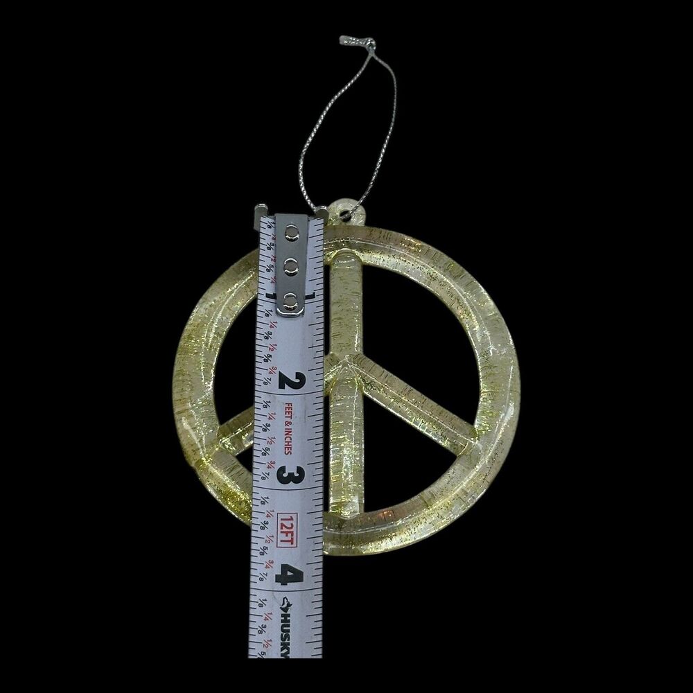 Gold Glitter Resin Peace Sign Symbol Christmas Ornament Retro Flower Power 3.5" - Picture 3 of 4